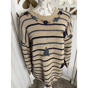 VINTAGE Hallet Sweater Womens Heavy Knit Pima Cotton 3D Knit Peru Floral Medium